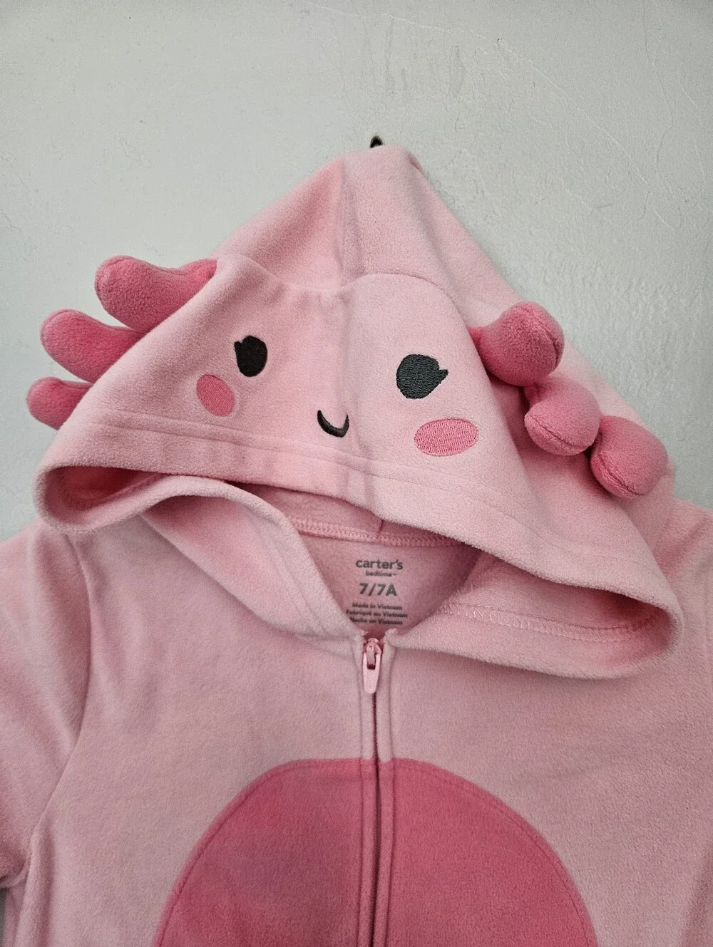 Carter's Girls 7 Pink Axolotl Hooded Onesie Pajamas Fleece Zipper Footless PJs